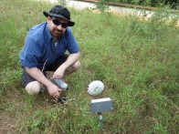 Dan field-tests a flower observation camera, Brackenridge Field Laboratory, Austin, Texas